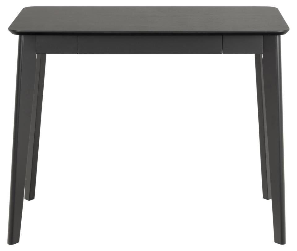 A dark gray rectangular writing desk with a smooth top and four tapered legs, shown against a plain white background.