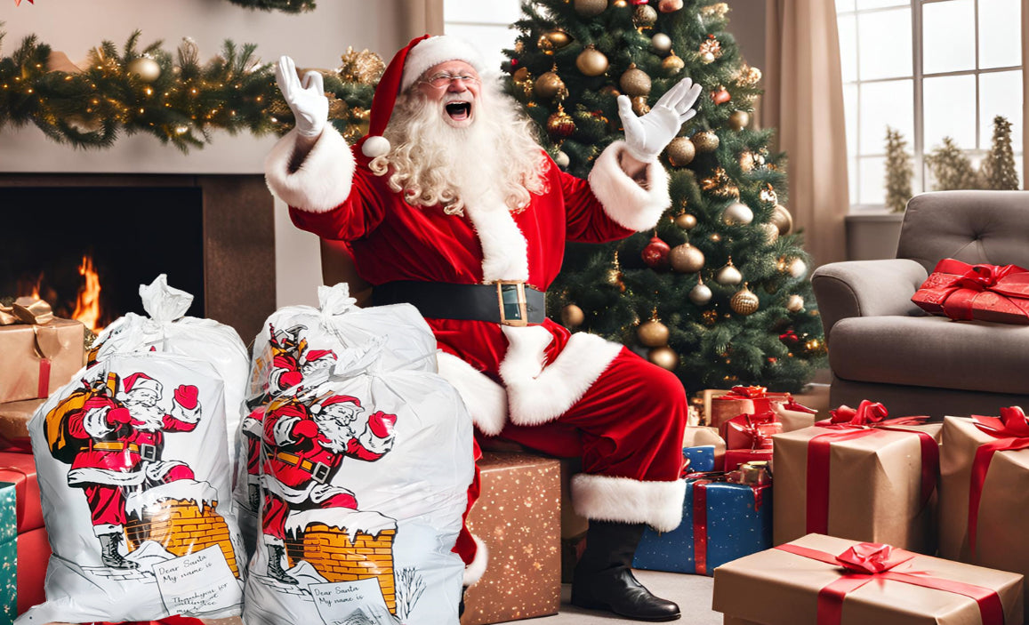 A festive holiday scene with Santa Claus sitting in front of a decorated Christmas tree and fireplace, surrounded by large white gift bags printed with Santa illustrations and wrapped presents on the floor.