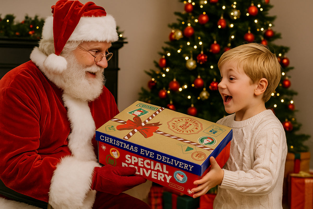 A child in a white sweater and Santa Claus in a red suit share a large Christmas Eve delivery box labeled 'SPECIAL DELIVERY' in front of a decorated Christmas tree.