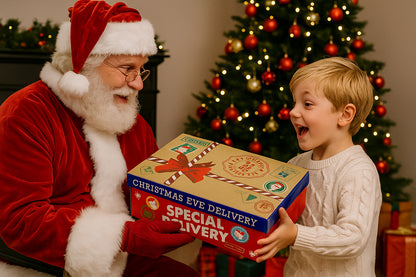 A child in a white sweater and Santa Claus in a red suit share a large Christmas Eve delivery box labeled 'SPECIAL DELIVERY' in front of a decorated Christmas tree.