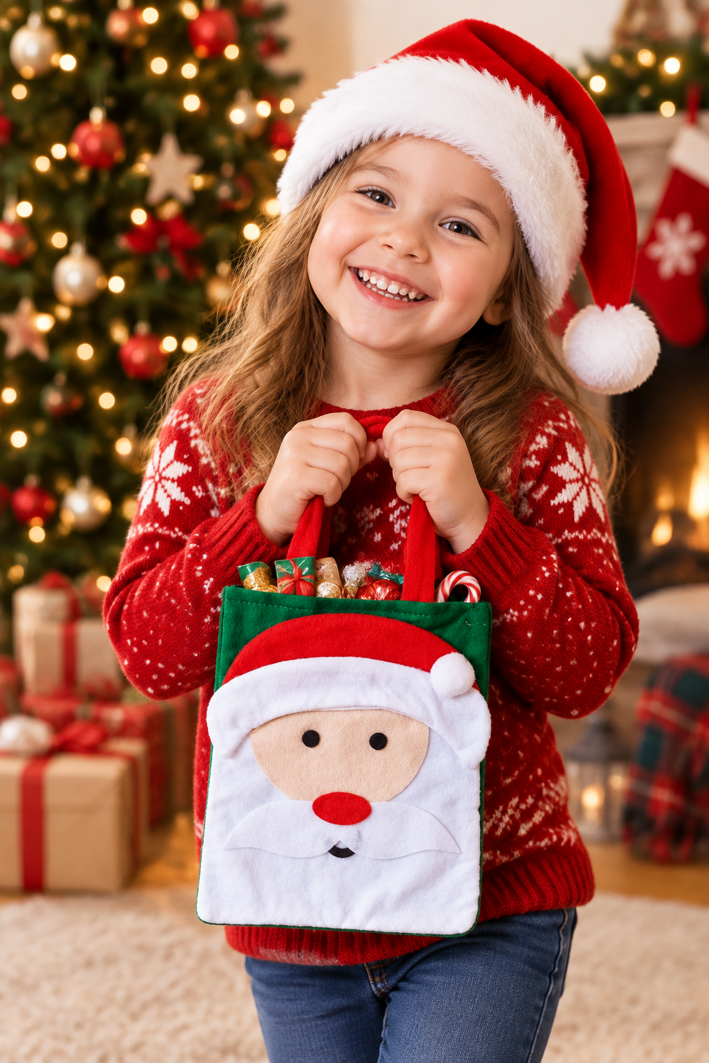 a child wearing a Santa hat and carrying a Santa Christmas treat bag from Homestreet in a home decorated for Christmas