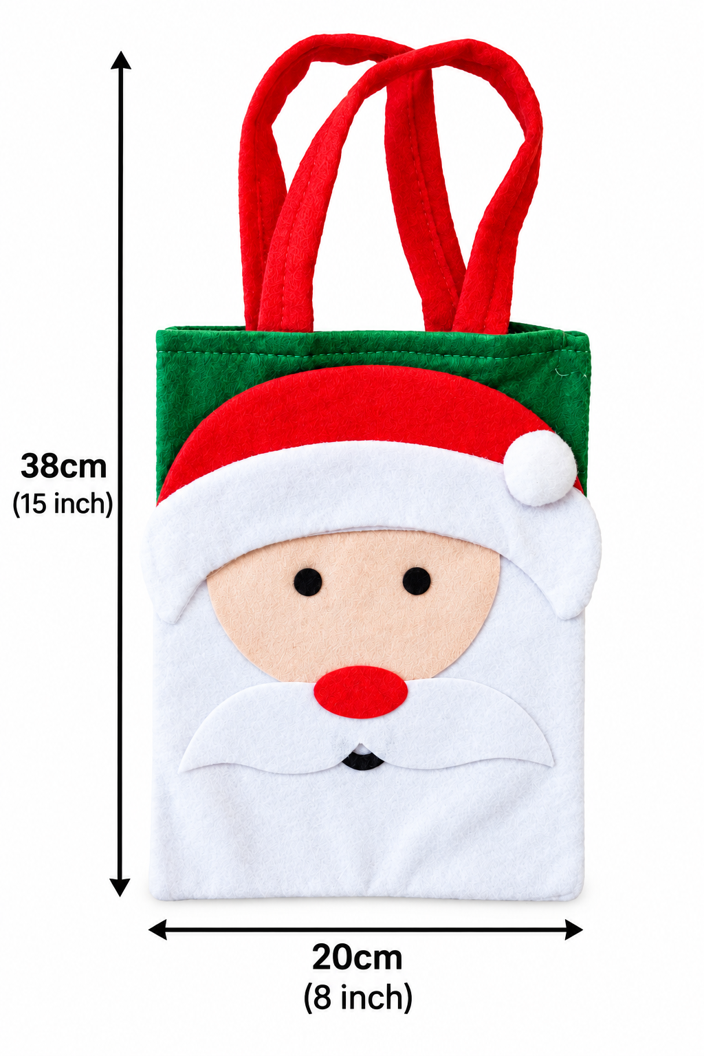 A Santa Claus face fabric tote bag with red handles, shown with black measurement arrows and labels indicating 38cm height (15 inch) and 20cm width (8 inch) on a white background.