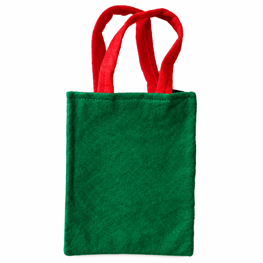 A small felt tote bag with a dark green body and bright red handles, shown against a plain white background.