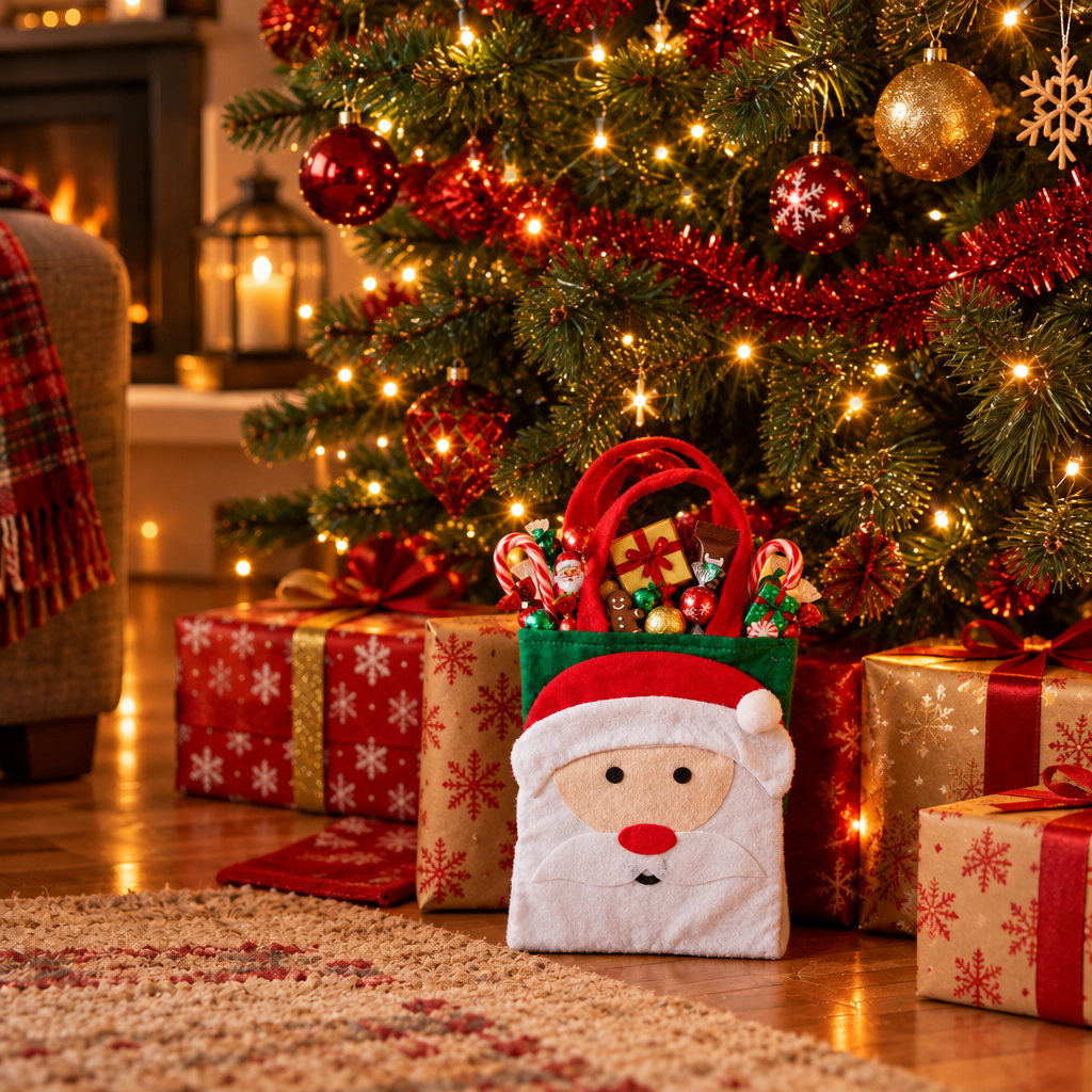 A festive Christmas gift bag shaped like a Santa face sits on the floor in front of a decorated Christmas tree, surrounded by wrapped presents and warm holiday lights.