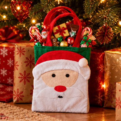 A festive Christmas Santa face fabric gift bag filled with candy canes, wrapped presents, and ornaments, set on a wooden floor in front of a decorated Christmas tree.