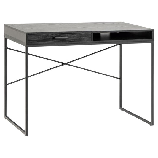 a black seaford desk with 1 drawer and open compartment on a white background