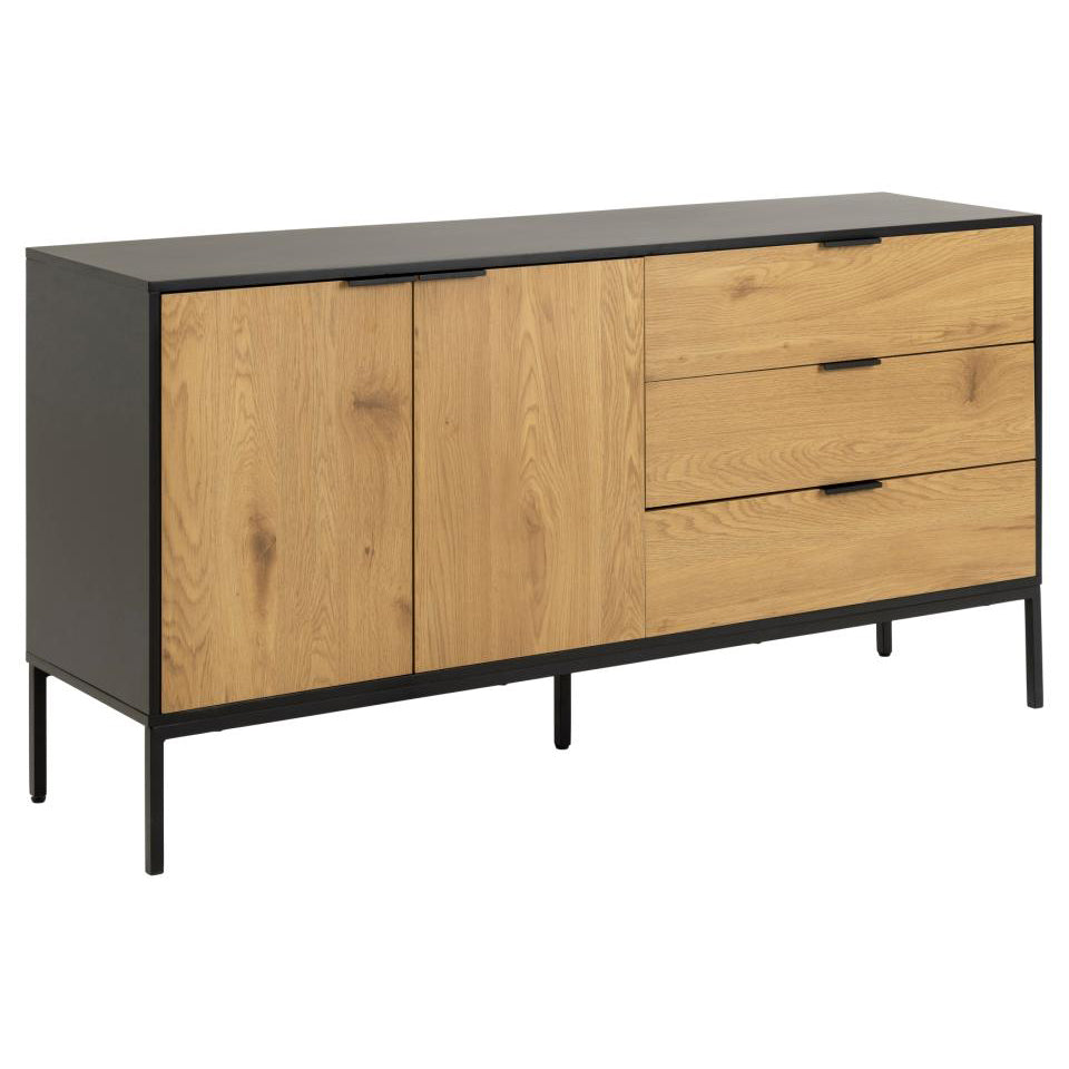 Seaford Large Oak Sideboard Cabinet With Black Top, 2 Doors, 3 Drawers 160x40x80cm