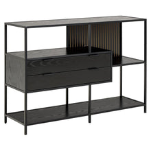 Load image into Gallery viewer, Black seaford console table with 2 drawers and shelves on a white background

