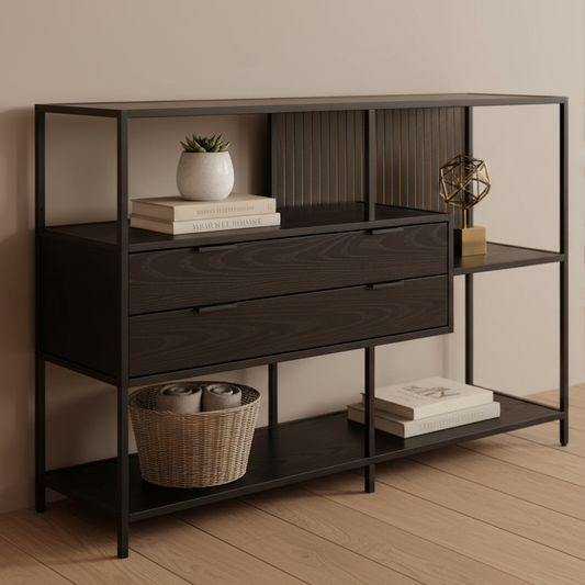 Seaford Bookcase Unit With 2 Drawers, 3 Black Shelves And Metal Frame 114x35x78 cm