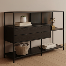 Load image into Gallery viewer, Seaford Bookcase Unit With 2 Drawers, 3 Black Shelves And Metal Frame 114x35x78 cm
