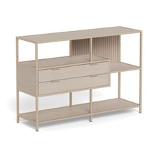 Load image into Gallery viewer, Beige bookcase shelf unit with drawers and shelves on a white background
