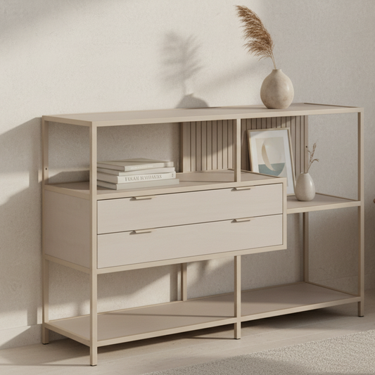 Seaford Bookcase Unit With 2 Drawers, 3 Grey Shelves And Metal Frame 114x35x78 cm