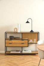 Load image into Gallery viewer, Seaford Bookcase Unit With 2 Drawers, 3 Oak Shelves And A Black Metal Frame 114x35x78 cm
