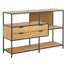 Load image into Gallery viewer, Wooden console table with drawers and shelves on a white background
