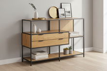 Load image into Gallery viewer, Seaford Bookcase Unit With 2 Drawers, 3 Oak Shelves And A Black Metal Frame 114x35x78 cm
