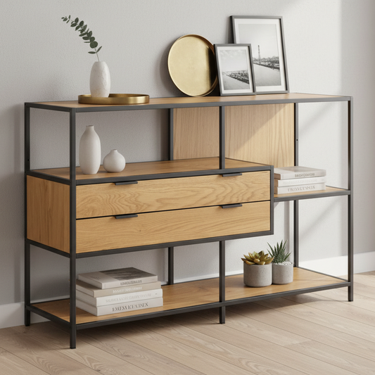 Seaford Bookcase Unit With 2 Drawers, 3 Oak Shelves And A Black Metal Frame 114x35x78 cm