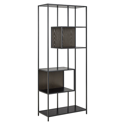 Black metal bookshelf with glass panels on a white background