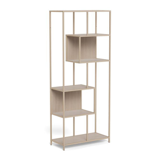 Beige bookshelf with multiple shelves on a white background
