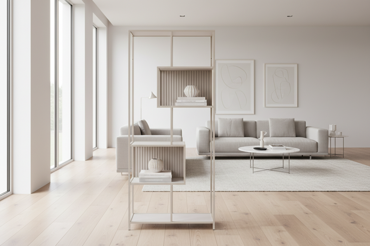 Modern living room with light gray sofa, coffee table, and decorative items.