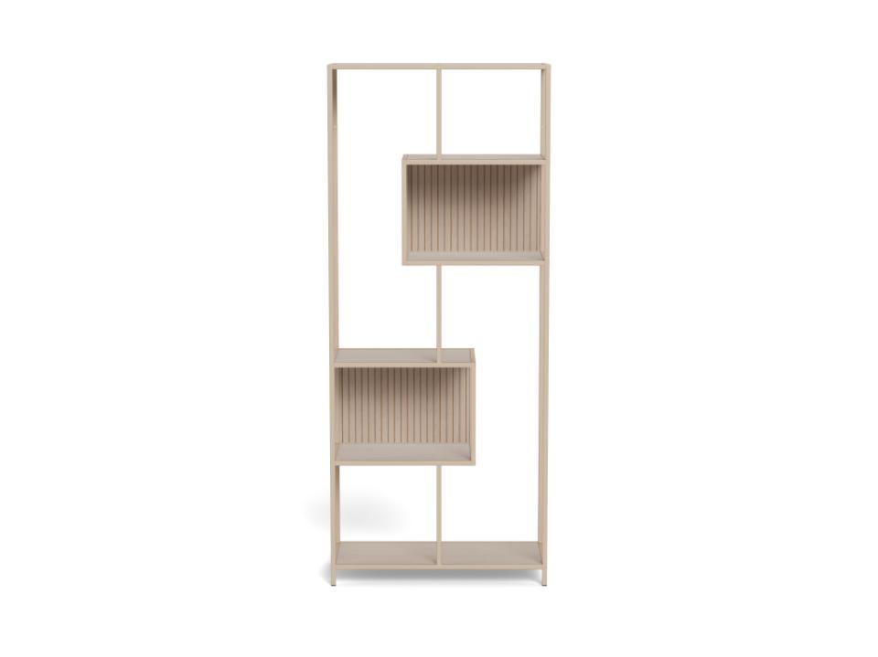 Beige shelving unit with multiple shelves on a white background