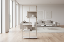 Load image into Gallery viewer, Modern living room with light gray sofa, coffee table, and decorative items.
