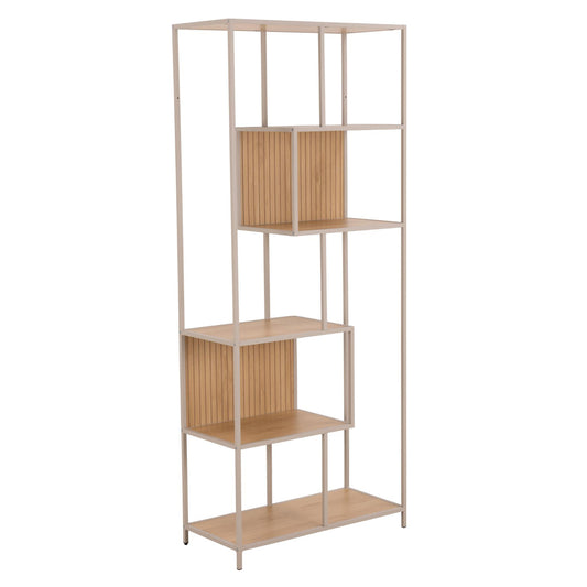 Beige bookshelf with wooden shelves on a white background