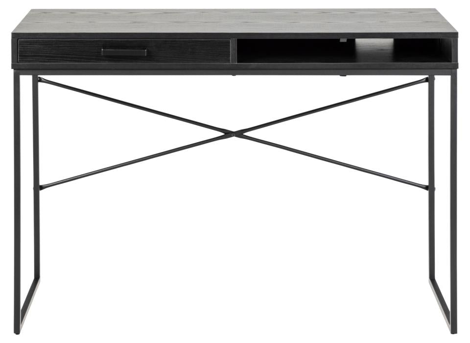 A modern writing desk with a dark gray wood-grain top, a single drawer on the left, an open shelf in the center, and a black metal frame with an X-shaped support structure below.