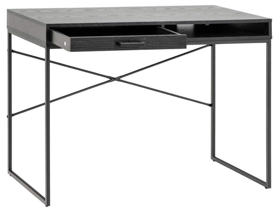 Black desk with black metal legs on a white background