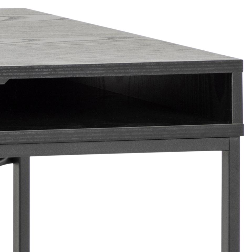black wooden table with a black metal frame on a white background