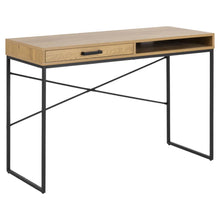 Load image into Gallery viewer, Wooden desk with black metal frame on a white background
