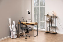 Load image into Gallery viewer, Modern home office with wooden desk, chair, and shelves.
