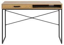 Load image into Gallery viewer, Wooden desk with black metal legs on a white background
