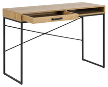 Load image into Gallery viewer, Wooden desk with black metal legs on a white background
