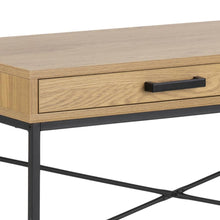 Load image into Gallery viewer, Wooden desk with a single drawer and black metal legs on a white background
