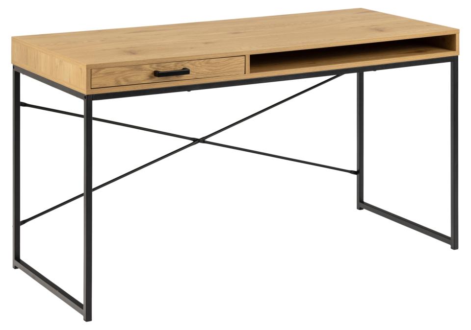 Wooden desk with black metal frame on a white background