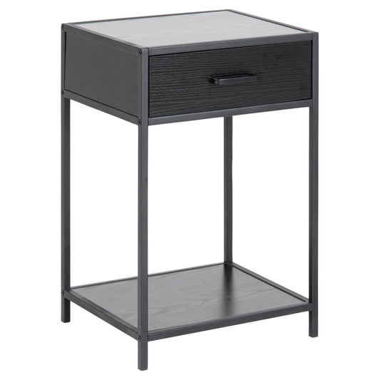 A modern two-tier side table with a dark gray wood-grain finish and a single drawer with a black handle, shown on a plain white background.