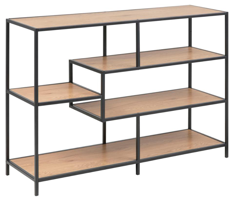 A modern industrial-style shelving unit with a black metal frame and four warm brown wood-look shelves, shown on a plain white background.