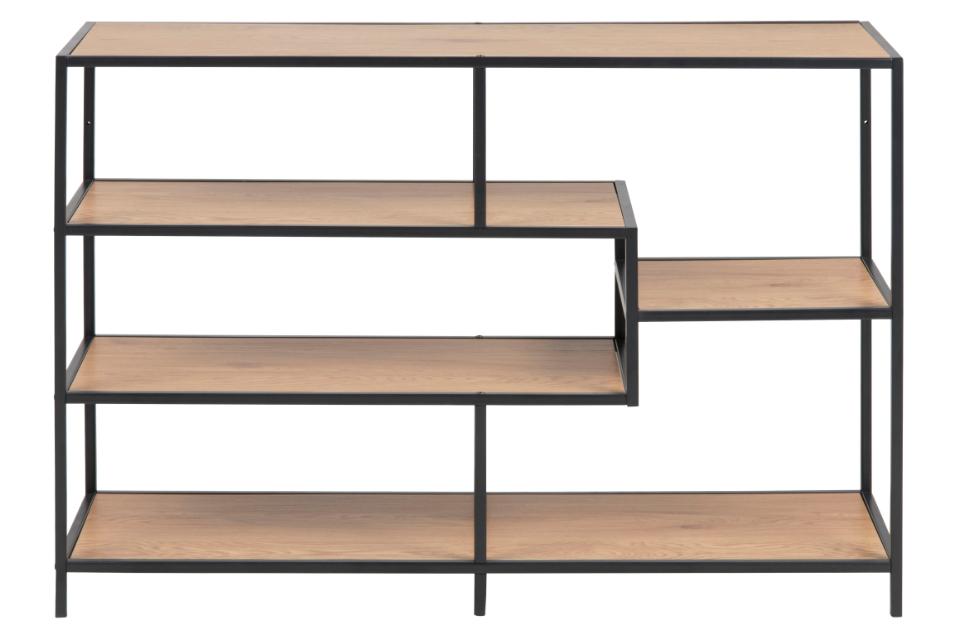 Furniture item with wooden shelves and metal frame on a white background