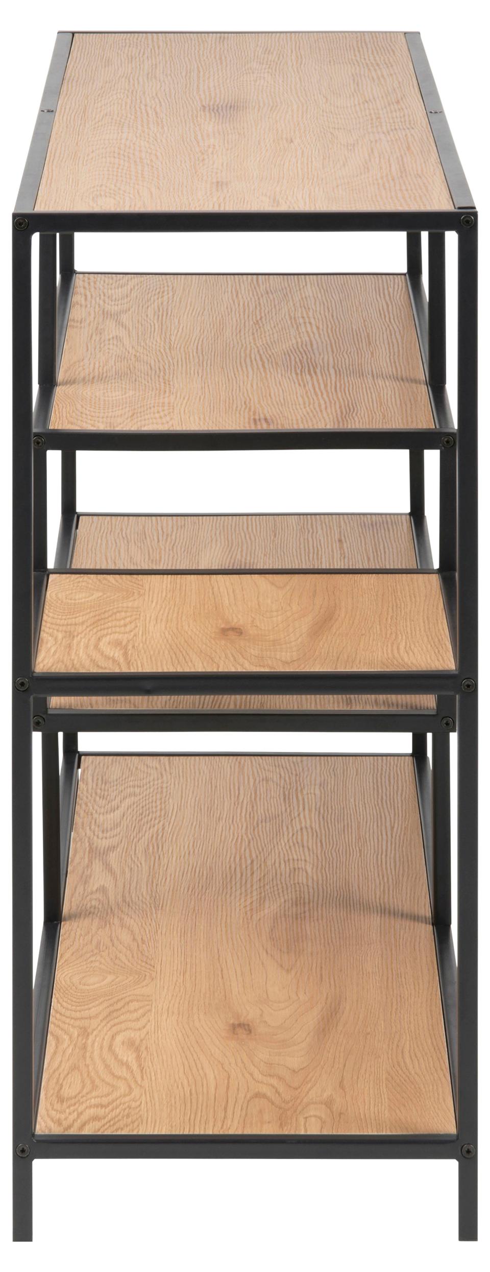Set of four wooden shelves with metal frames on a white background