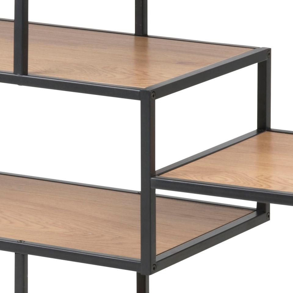 Three-tiered shelf with wooden shelves and black metal frame on a white background