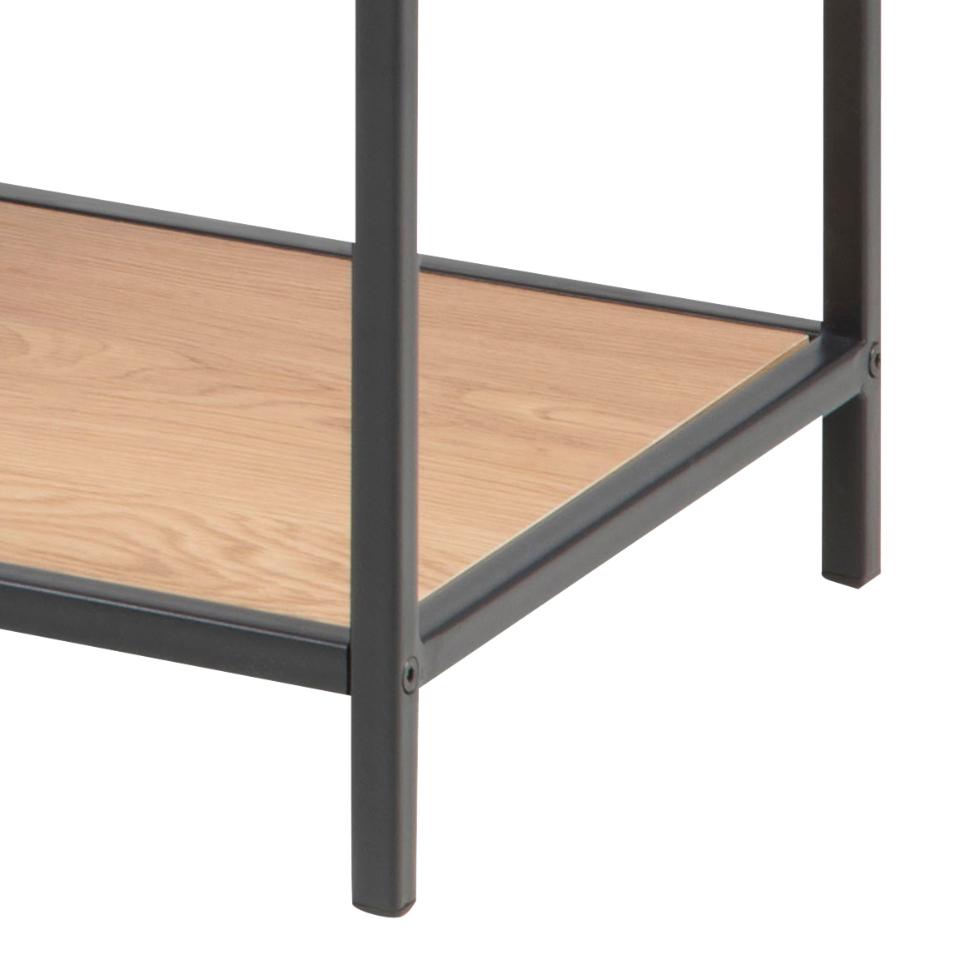 Wooden shelf with black metal frame on a white background