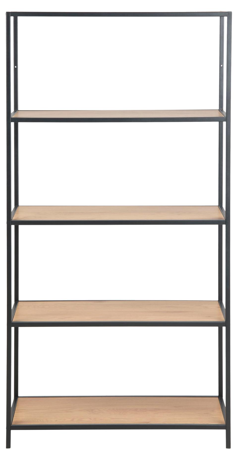 Bookshelf with four wooden shelves and a metal frame on a white background