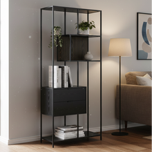 Load image into Gallery viewer, Seaford Bookcase Tall Shelving 2 Drawer Unit With 4 Shelves In Black 185x77x35cm
