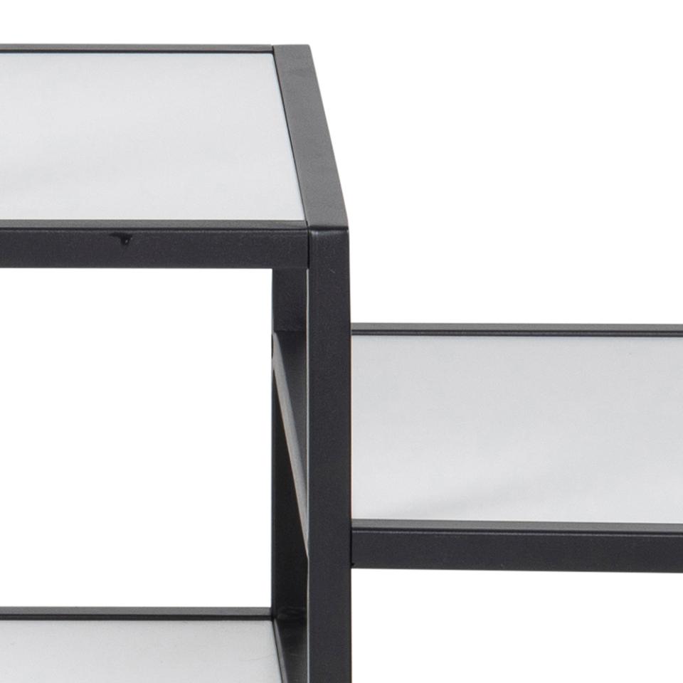 Close-up of a modern shelving unit with a black metal frame and white melamine 
shelves on a white background.