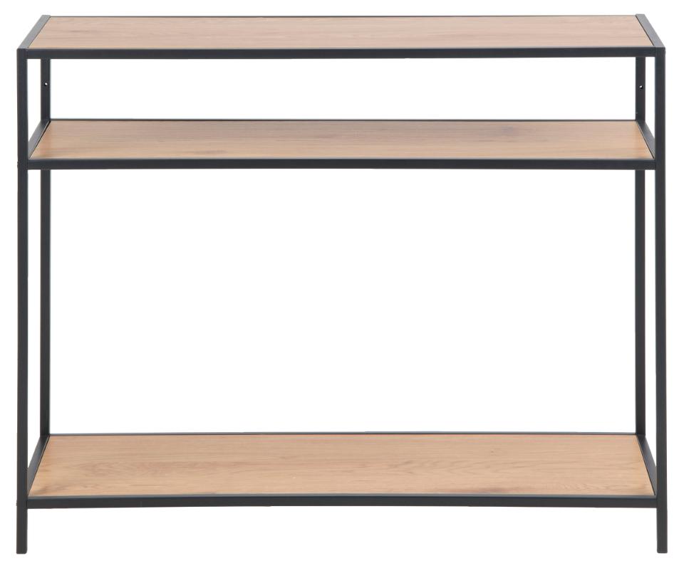 A three-tier Seaford console table by Homestreet featuring light brown wood-look shelves and a black metal frame, shown against a plain white background.