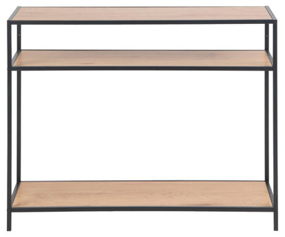 A three-tier Seaford console table by Homestreet featuring light brown wood-look shelves and a black metal frame, shown against a plain white background.