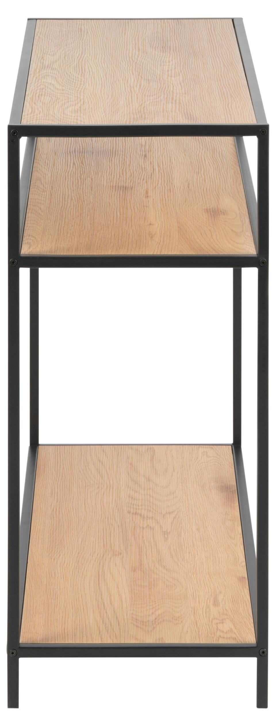 A three-tier wooden shelf unit with a black metal frame, shown against a plain white background.