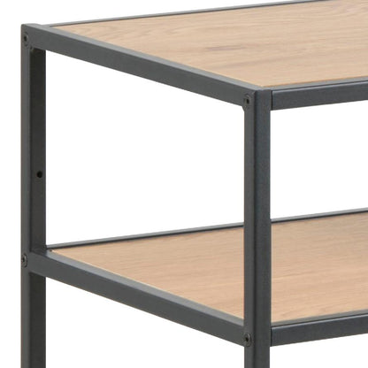 Two-tiered metal and wood shelf with a white background