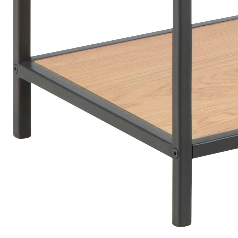 Wooden shelf with black metal frame on a white background