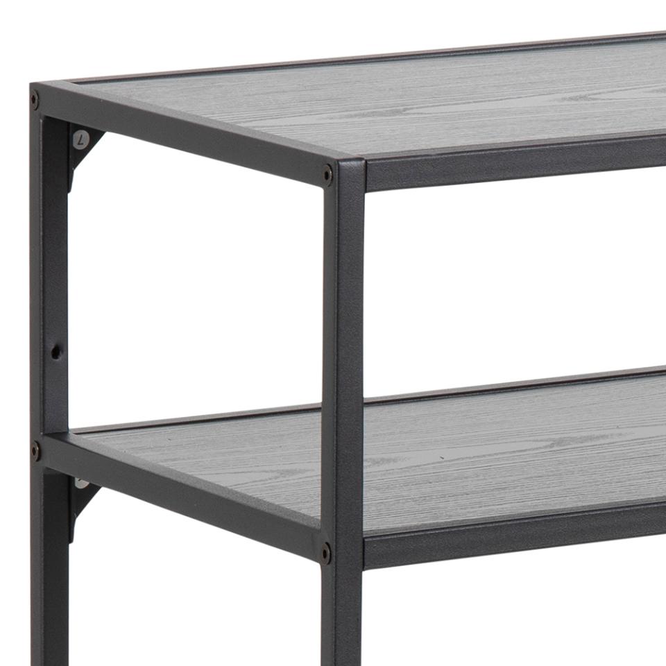 Two-tiered metal shelf with gray shelves on a white background